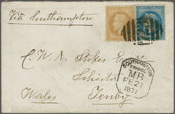 Maritime Mail 1871 (Feb 21): Envelope to Wales franked Napoleon ...