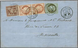 Corsica 1877 (Feb 14): Outer letter sheet to Marseille bearing mixed ...