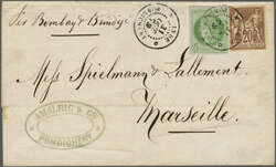 French India 1879 (Oct 31): Outer letter sheet to Marseille, endorsed ...