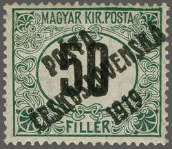 1919: Hungary Postage Due 50 f. deep green & black, overprint G in ...