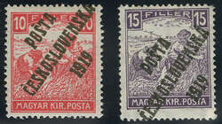 1919: Hungary Harvesters 10 f. rose-red and 15 f. violet, white ...