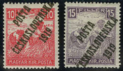 1919: Hungary Harvesters 10 f. rose-red and 15 f. violet, white ...
