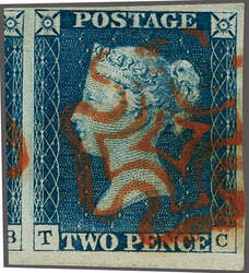 1840: 2 d. blue, plate 1, lettered TC, a used example in a bright ...