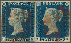 1840: 2 d. blue, plate 1, lettered SF-SG, a used horizontal pair, ...