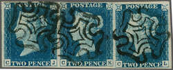 1840: 2 d. blue, plate 1, lettered CJ-CL, a used horizontal strip of ...