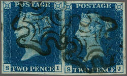 1840: 2 d. blue, plate 2, lettered SI-SJ, a used horizontal pair, ...