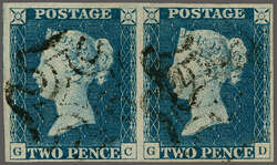 1840: 2 d. blue, plate 2, lettered GC-GD, a used horizontal pair, ...