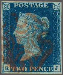 1840: 2 d. blue, plate 1, lettered RJ, a used example, with good even ...