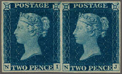 1840: 2 d. blue, plate 1, lettered NI-NJ, an unused horizontal pair ...