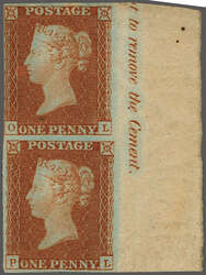 1841: 1 d. red-brown on blued, lettered OL/PL, an unused vertical ...