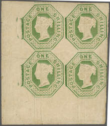 1847/54: Embossed 1 s. pale green, Die 1, an unused corner block of ...