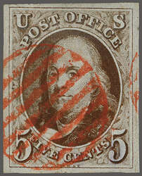 1847: Franklin 5 c. red-brown on blued paper, a fine used example ...