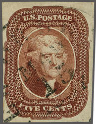1856: Jefferson 5 c. red-brown, Type I, imperforate, a fine used ...