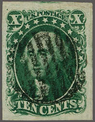 1855: Washington 10 c. green, Type II, imperforate, a fine used ...