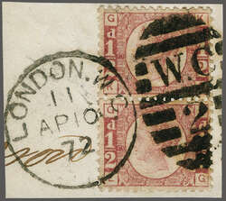 1870: Bantam ½ d. rose-red, plate 9, lettered KG/LG, a used vertical ...