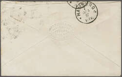 1887: ½ d. vermilion and 1 d. lilac used on "John Oakey & Sons" ...