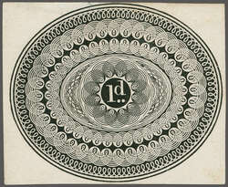 1839: Engraved Essay for 1 d. value, printed in black on white wove ...