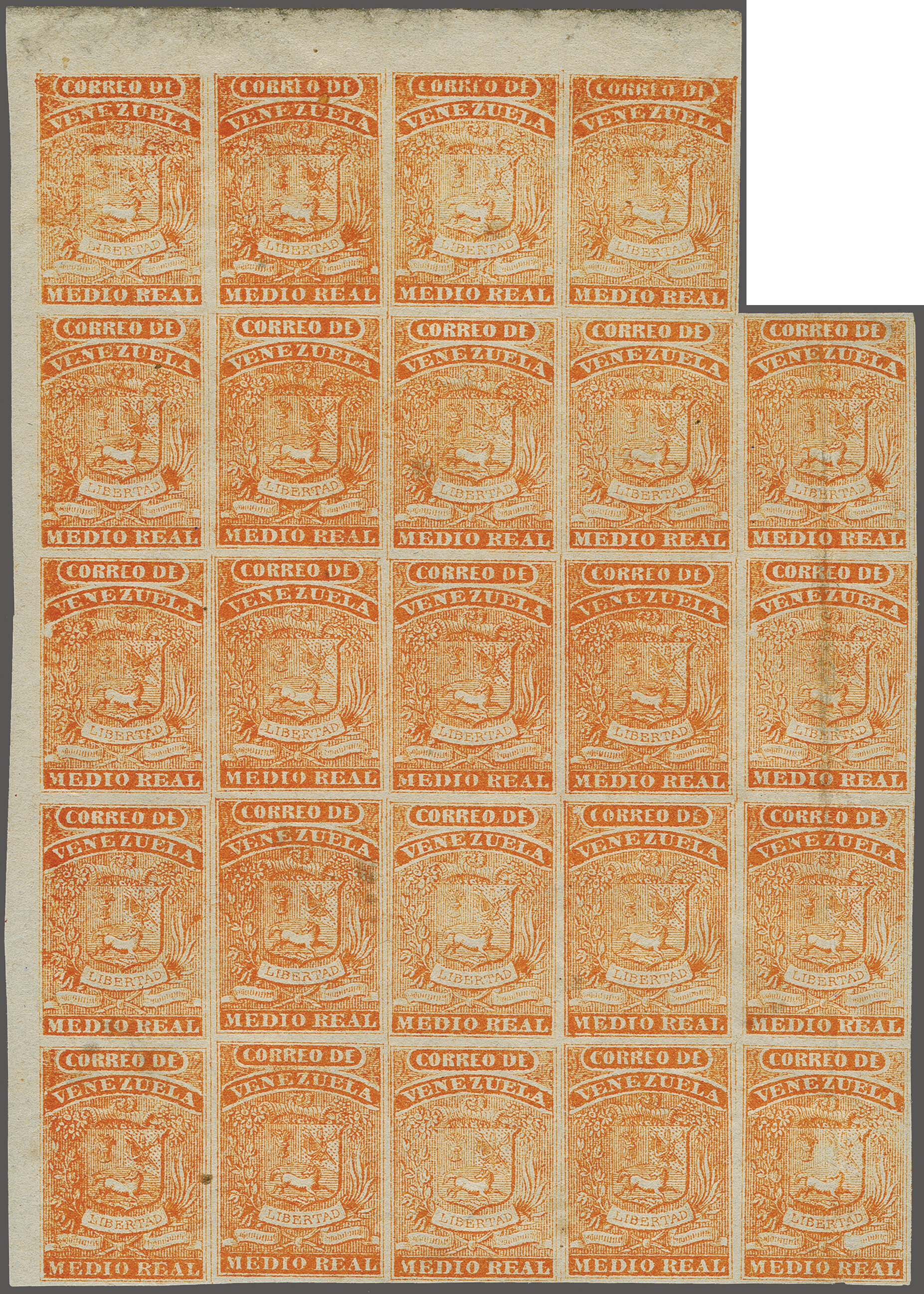 1861: Coarse Impression ½ r. orange, an unused irregular block of ...