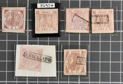 1858: Group six adhesives incl. ½ gr. carminio plate II unused ...