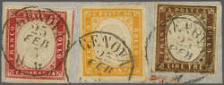 1861: 3 lire rame vivo in combination with 80 c. arancio vivo and 40 ...