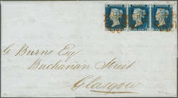 1840: 2 d. blue, plate 1, lettered KJ-KL, a used horizontal strip of ...