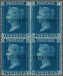 1858/76: 2 d. blue, plate 15, lettered LD-LE / MD-ME, an unused block ...