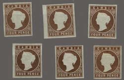 1874: Selection of six unused 4 d. brown, Crown CC wmk., in various ...