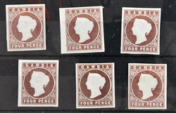 1874: Selection of six unused 4 d. brown, Crown CC wmk., in various ...