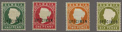 1886/93: ½ d. green, 1 d. crimson, 2 d. deep orange and 6 d. olive ...