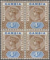 1898/1902: 4 d. brown & blue, an unused block of four, variety ...