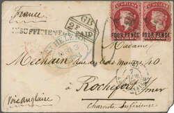 1864: 4 d. carmine (Type B, 18 mm.), a used horizontal pair on 1868 ...