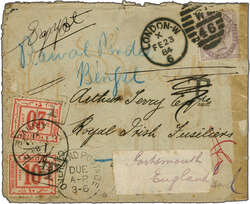 Postage Due 1884 (Feb 23): Much readdressed cover to a Royal Irish ...