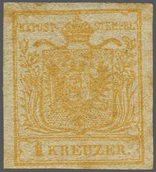 1850: Handpapier 1 Kr. ockergelb, doppelseitiger Druck D, farbfrisch ...