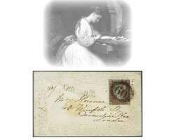 1841: 1 d. red-brown on blued, lettered OF, a used example with four ...