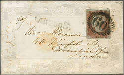 1841: 1 d. red-brown on blued, lettered OF, a used example with four ...