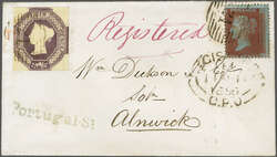 1854: Embossed 6 d. mauve, a used example with 1 d. brick-red, perf. ...