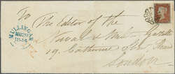 1841: 1 d. red-brown on blued, lettered RB, close to large margins, ...