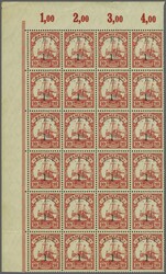 1915: 1 d. on 10 pf. black surcharge, corner marginal block of 24 ...