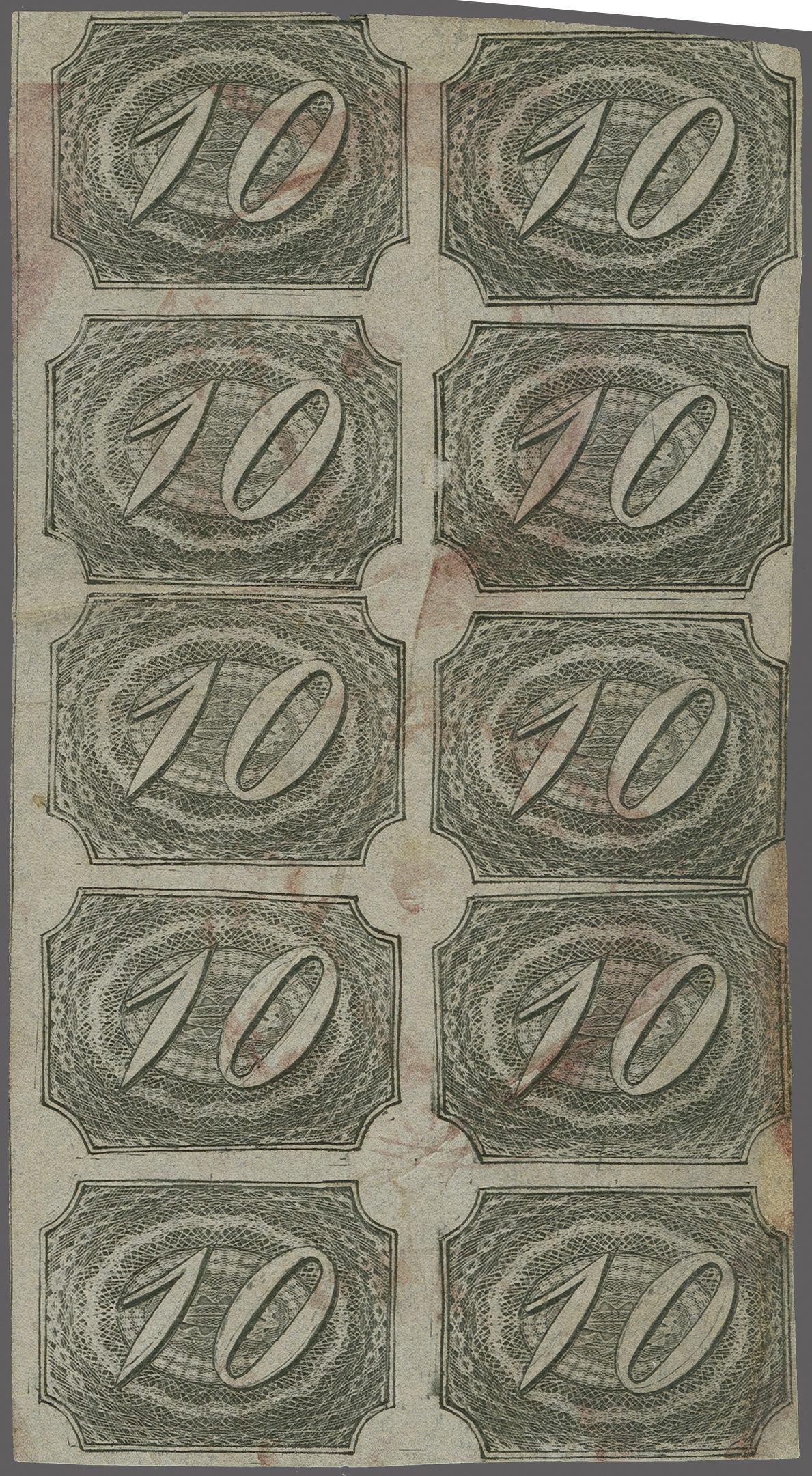 10 r. black on thin greyish paper, a used block of ten (2 x 5), with ...