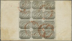 Inclinados 1844/46: 10 r. black on greyish, a used block of twelve ...