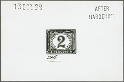 1888: De La Rue Die Proof for 2 pi. value, printed in black on glazed ...