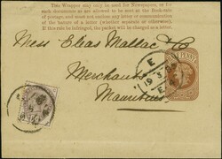 1883: Stationery newspaper wrapper ½ penny brown, uprated with 1884, ...