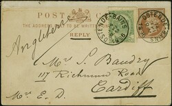 1888: Stationery postal card ½ penny brown, reply card, with white ...