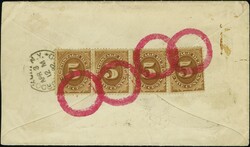 1879: Banknote postage due, 5 cents brown strip of three and single, ...