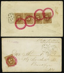 1879: Banknote postage due, 5 cents brown strip of three and single, ...