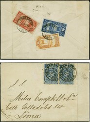 1880: Revenue 5 centavos blue horizontal pair, tied by cds ...
