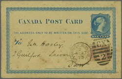 1871: Canada 1 cent blue Queen Victoria postal card, uprated with ...