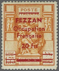 1943 FEZZAN Occupation Francaise: ovpt. and new value 20 fr. on 1,75 ...