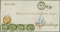 Russland 1864: 40 Rp. grün im senkrechten Viererstreifen zus. mit 20 ...