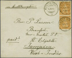 Jamaika 1881: 20 Rp. rötlichorange im senkr. Paar, farbfrisch und ...